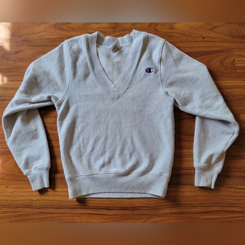 Champion Sweatshirt Reverse Weave XS Gray Pullover Brand Logo V-Neck